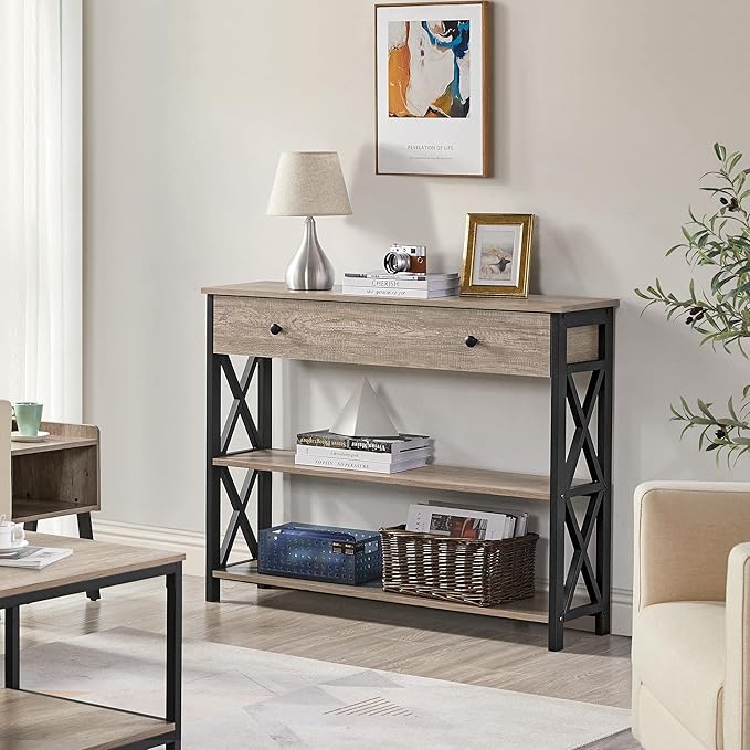 Yaheetech Console Table with Drawer, Entryway Table with 3 Tier Storage Shelves, Narrow Long Sofa Table for Entryway, Living Room, Hallway, Couch, Kitchen, Metal Frame, Gray