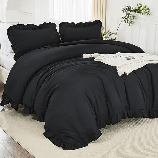 Litanika Black Full Size Comforter Sets, 3 Pieces Ruffle Farmhouse Aesthetic Bedding Comforter Sets, All Season Soft Lightweight Fluffy Microfiber Bed Set(79x90In Comforter, 2 Pillowcases)