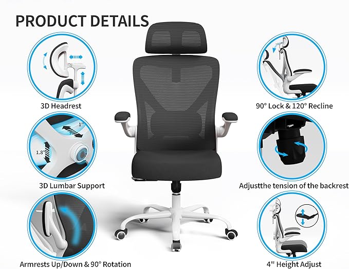 Ergonomic Office Chair - Computer Desk Chair with Adjustable Lumbar Support - 300lbs Executive Desk Chair High Back with Headrest Flip-Up Arms for Long Hours, Rolling Chair (White Black)