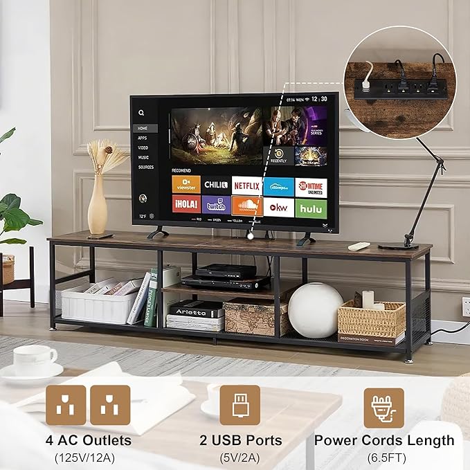 VECELO TV Stand with Power Outlets for Televisions up to 65Inch, 55" Media Entertainment Center with Charging Station 3-Tier Open Storage Shelves with Metal Frame for Living Room/Bedroom，Brown