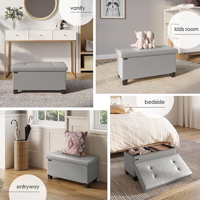 STORAGEBUD Storage Ottoman Bench with Bins, 30-in Storage Bench for Bedroom End of Bed, Folding Foot Rest Ottoman for Living Room Max 660lbs, Faux Leather Ottomans, Light Grey