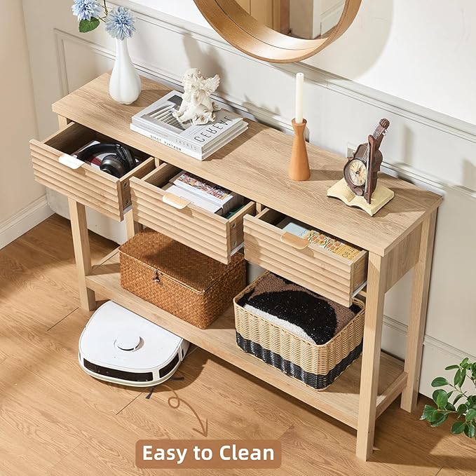 LEYAOYAO Fluted 47.2" Console Table with 3 Drawers, Modern Wood 2 Tier Entryway Table with Open Storage Shelf, Boho Sofa Entry Tables Behind Couch for Living Room, Hallway, Entrance Foyer, Natural Oak