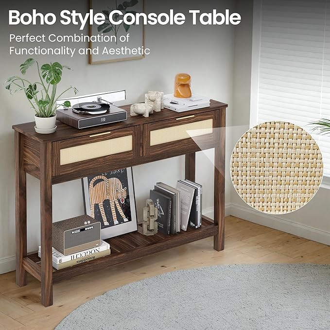Console Tables with 2 Drawers,Rattan Entryway Table with Storage Shelf,Wood Boho Foyer Tables for Entryway,Farmhouse Console Tables for Living Room,Hallway, Sofa Table,Study Or TV Wall