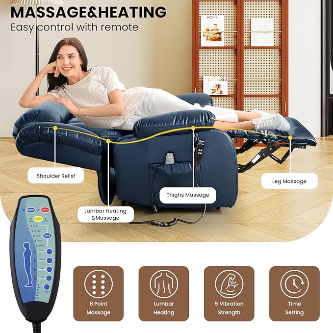 TEKAMON Power Lift Recliner Chair for Elderly with Heat & Massage, Dual Motor Genuine Leather Recliner, Lay Flat Sleeping Chairs with Infinite Position, RemoteControl(Deep Blue, Extended)