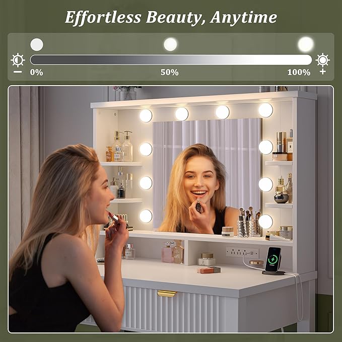 Vanity Desk with HD Mirror and 3-Color Adjustable Lights, Fluted Makeup Vanity with Storage Stool, 2 Large Drawers & Charging Station, Small Vanity for Women's Bedroom, Dressing Room, White