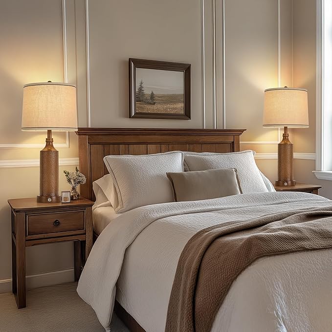 AIDENOEY 27.5" H 3-Way Dimmable Touch Control Table Lamp with USB A+C Ports, Vintage Walnut Finish Resin Bedside Farmhouse Table Lamp Set of 2，for Living Room，Bedroom，Office