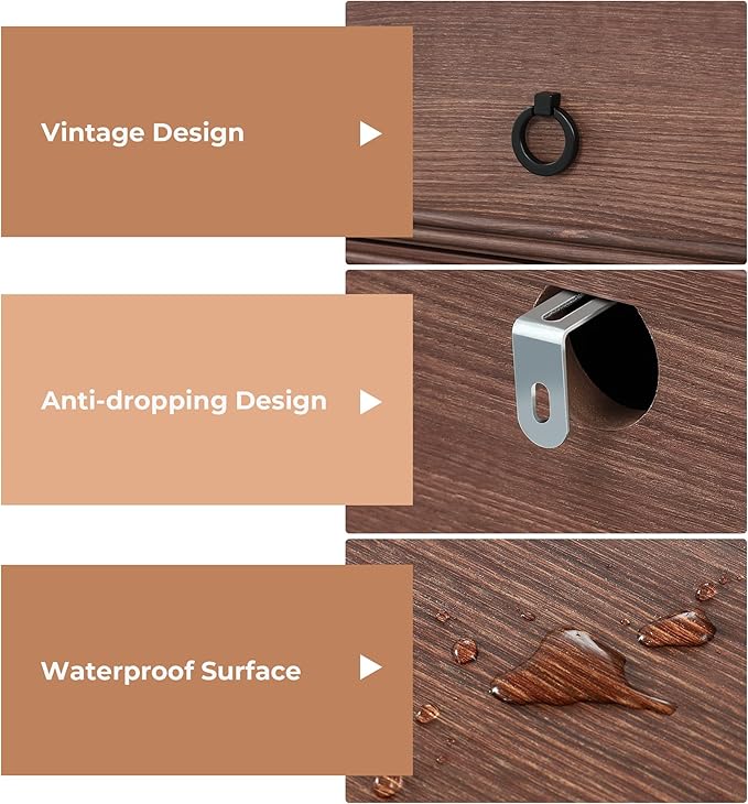 Dresser for Bedroom Tall, Mid Century Modern 6 Drawer Dresser, Cherry Wood Chest od Drawer with Large Storage for Clothes, Vintage, for Living Room, Bedroom, Hallway