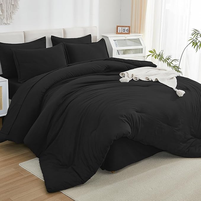 Litanika Oversized King Comforter Sets Black - 7 Pieces Bed in a Bag Oversized King Bedding Comforter Sets, Solid Lightweight Bed Set with Comforter, Sheets, Pillowcases & Shams