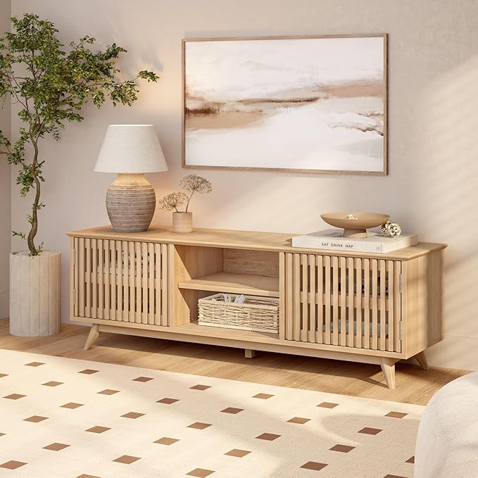 Plank+Beam Mid-Century Modern Wood TV Stand, Solid Wood Entertainment Console with Storage, 59" L x 16" W x 19" H, Blonde