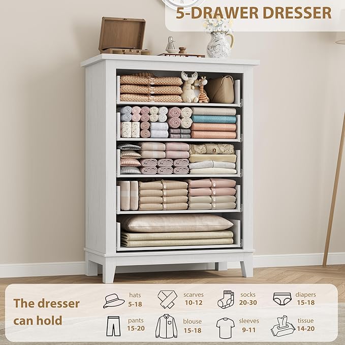 GarveeHome 5 Dresser for Bedroom, 41.3" Tall Vertical Drawer Dresser with Large Storage, Freestanding Wooden Closet Chest for Bedroom, Living Room, White
