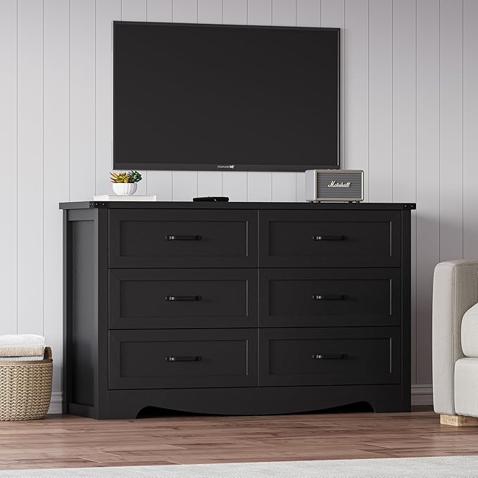 6-Drawer Dresser for Bedroom – 47" Wide Modern Wooden Chest with Natural Wood Texture, TV Stand & Storage, Metal Corner Brackets, Wood Drawer Organizer for Living Room, Hallway