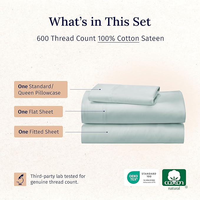 California Design Den Luxury Twin Sheet Set - 100% Cotton, 600 Thread Count Deep Pocket Twin Sheets, Soft Hotel-Quality Bedding with Sateen Weave - Seafoam