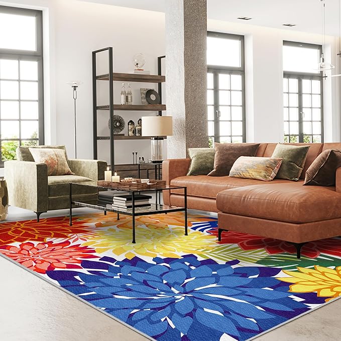 Indoor Outdoor Area Rug Washable Rugs Multicolored Patio Rug Tropical Botanical Modern Floral Indoor Outdoor Carpet Non-Slip for RV, Pool Deck, Backyard, Porch (9x12)