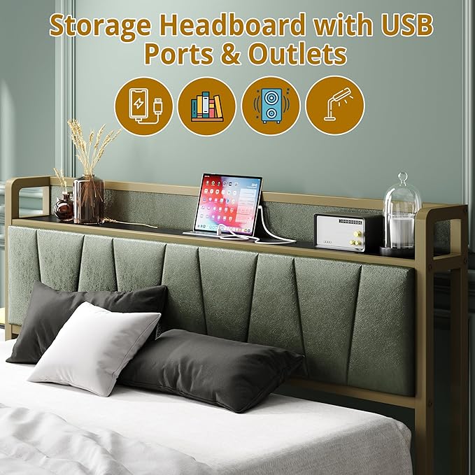 LIKIMIO Queen Bed Frame, Storage Headboard with Charging Station, Solid and Stable, Noise Free, No Box Spring Needed, Easy Assembly (Dark Green)