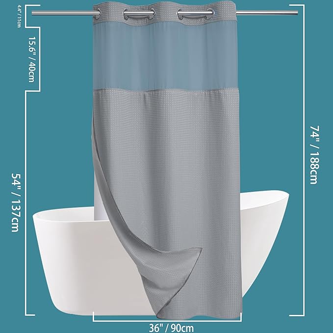 Conbo Mio Stall No Hook Waffle Weave Shower Curtain with Snap in Liner Set, Hotel Luxury Grey Shower Curtains for Bathroom with See Through Top Window, Waterproof, Washable 36W x 74H