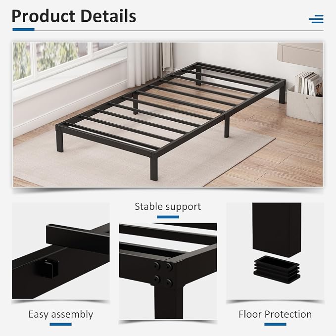 9 Inch Low Twin Bed Frames Heavy Duty Metal Platform, No Box Spring Needed, Easy Assembly Mattress Foundation, No Noise, Black