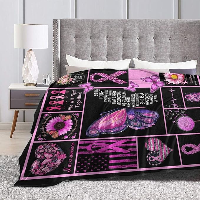 Breast Cancer Awareness Blanket Pink Ribbon Flannel Plush Throw Blanket Cozy Inspirational Warrior Decor Fleece Stuff Blanket Gifts for Lover Girls Boys Kids Adults Women Bed Travel 60"x80"
