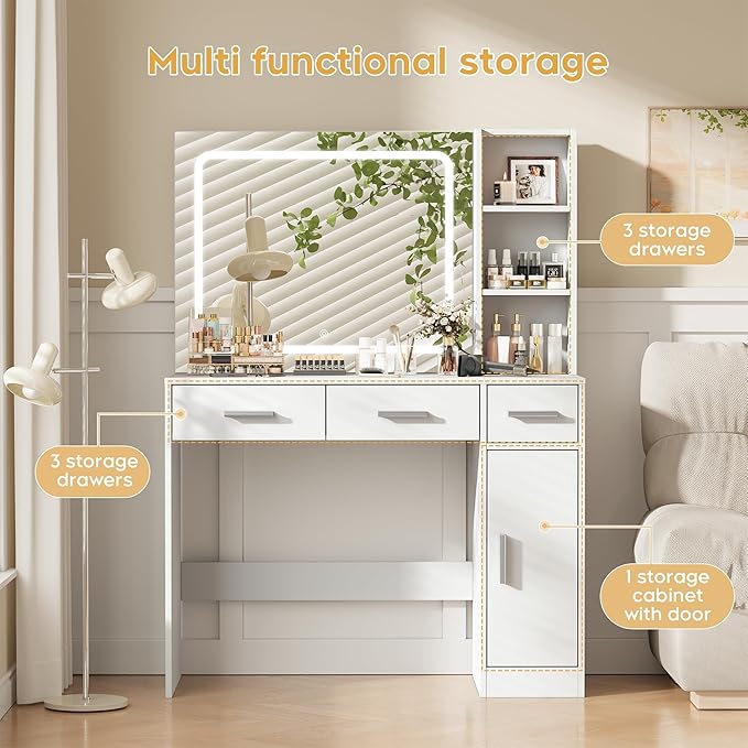 Newly Designed Smart Mirror Vanity Dresser, Soft and Non-Glaring Light，Makeup Vanity with Drawers for Bedroom Dressing Room, Women Girls (White)