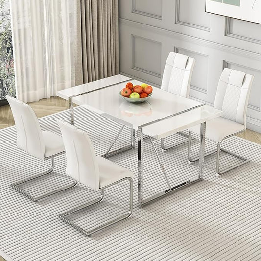 Dining Table Chairs Set for 4, Modern Rectangular Dining Room Table Set PU Leather Upholstered Dining Chairs 55" Dinner Table Set for Kitchen, Dining Room (Dining Table Set for 4, White)