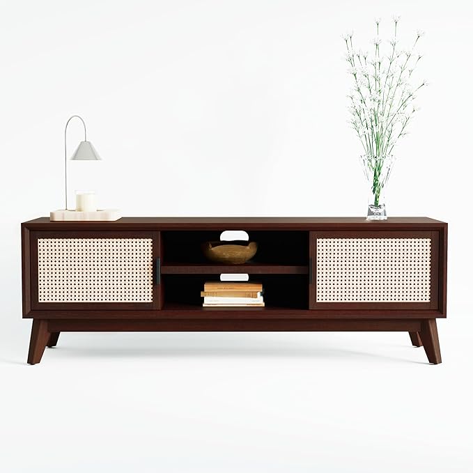 Bme Jasper Premium Solid Wood TV Stand, Under 10 Minutes Assembly (Legs Only), Aesthetic Rattan Doors, Bedroom, 65 inches, 64.6 x 17.7 x 21.65, Media Console - Walnut