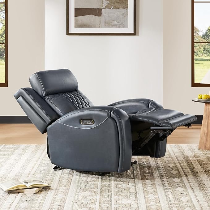 CHITA Genuine Leather Recliner Chair for Adults with Adjustable Power Headrest, Lay Flat Power Recliner with Slide-Out Cupholders & USB/Type-C Ports, Living Room Chair, Navy Blue