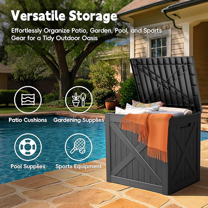 Outdoor Storage Box, 35 Gallon Waterproof Resin Deck Box, Storage Bin for Package Delivery, Patio Furniture Cushion, Garden Tools, Pool Accessories, Weatherproof and UV Resistant, Black