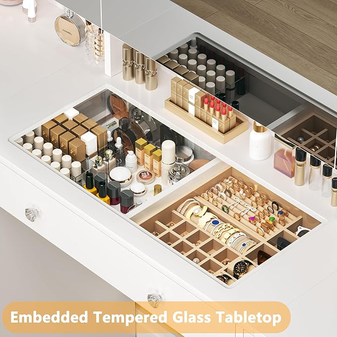 Vanity Desk with Mirror and Lights, 50" Makeup Vanity with Glass Top & Power Outlet, White Vanity with 11 Drawers & 8 Hidden Storage Shelves, 3 LED Lighting Modes Adjustable for Bedroom