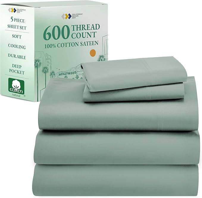 California Design Den Split King Sheet Set - 100% Cotton, 600 Thread Count, Breathable Luxury King Size Sheets for Adjustable Bed, Luxury Hotel-Quality Sheets, Soft Sateen (Sage Green - Cool Tone)