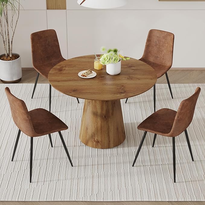 45 Inch Round Dining Table Set for 4, 5 Piece Kitchen Table and Chairs Set, Wooden Table with Light Walnut Finish, Small Space Dining Set for Apartment or Dining Room