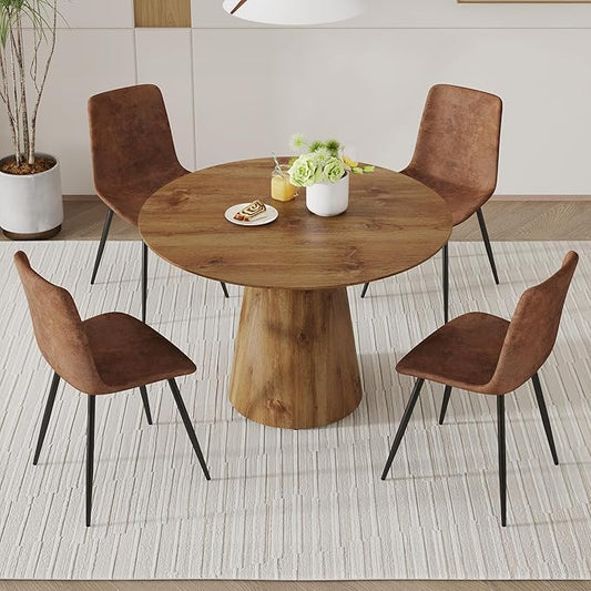 45 Inch Round Dining Table Set for 4, 5 Piece Kitchen Table and Chairs Set, Wooden Table with Light Walnut Finish, Small Space Dining Set for Apartment or Dining Room