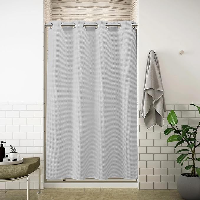 River Dream Stall Waffle Weave Shower Curtain with Snap-in Liner,Cotton Blend Fabric Heavy Duty,No Hooks Needed Shower Curtain for Bathroom,Hotel Quality Shower Curtain Set,Grey,54x80 inches