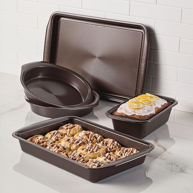 Circulon Nonstick Bakeware Set with Nonstick Cookie Sheet, Bread Pan, Bakings Pan and Cake Pans - 5 Piece, Chocolate Brown
