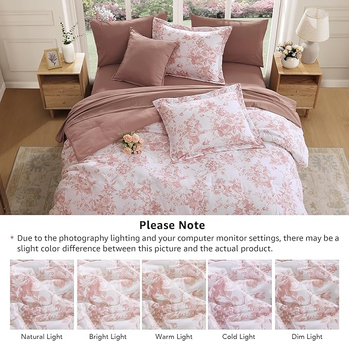 Queen Comforter Set -7 Pieces Pink Floral Comforter Set for All Seasons, Bed in a Bag Queen with Botanical Flowers Comforter, Sheets, Pillowcases & Shams