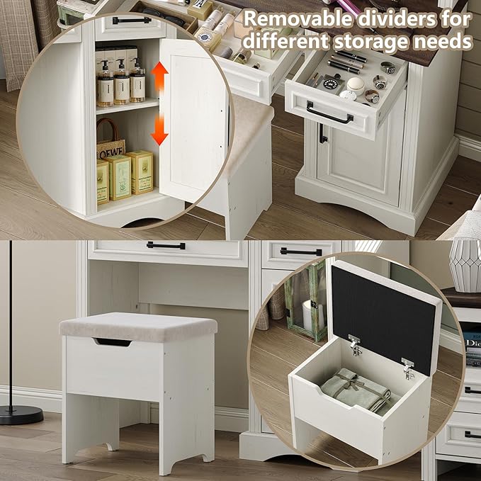 Farmhouse Vanity Makeup Desk, 43" W Vanity Desk with Lights Mirror and Drawers for Makeup, Big Modern Table Set with Stool for Bedroom, Antique White