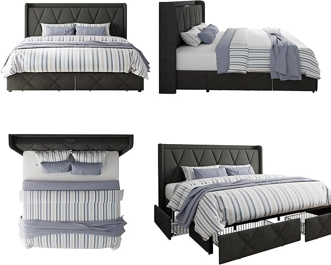 King Size Bed Frame with 4 Storage Drawers, Upholstered Platform Bed with Charging Station, Modern Wingback Storage Headboard, Easy Assembly,Noise-Free, Dark Gray