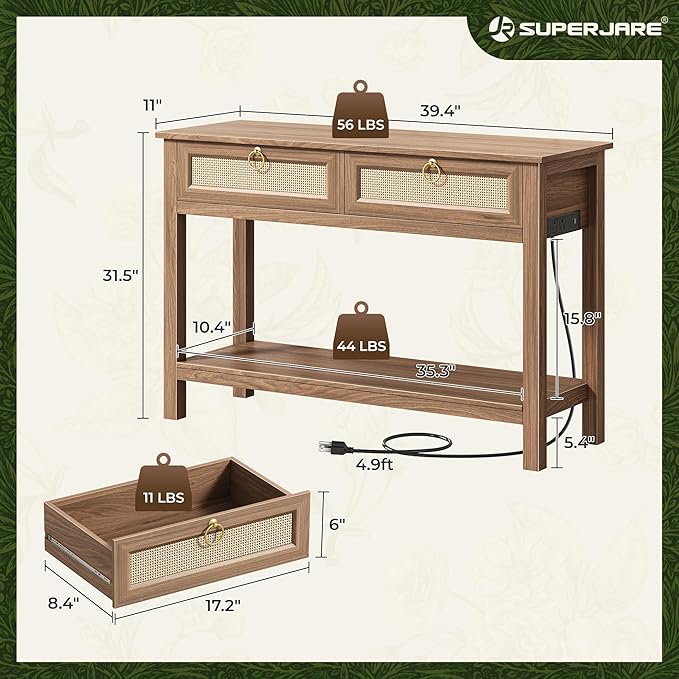 SUPERJARE Rattan Console Sofa Table with Outlets and USB-C Port, 2 Drawer Entryway Table with Synthetic Rattan Surface, 39 Inch, Open Shelf, Behind Couch Entry Foyer Hallway Storage, Brown