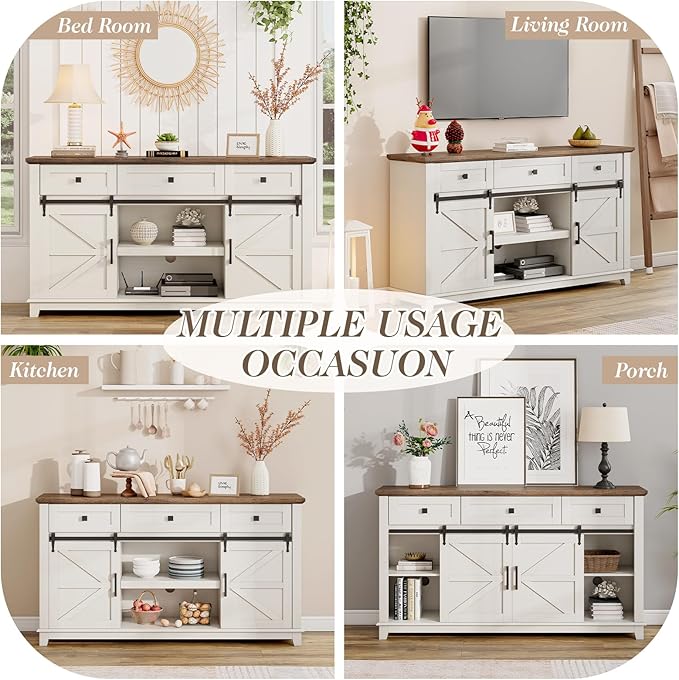 Farmhouse TV Stand with Sliding Barn Door & Drawer, 59" Rustic Entertainment Center for TVs up to 65", Buffet Storage Cabinet for Living Room, Dinning Room, White+Barnwood