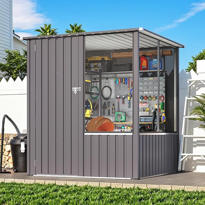 AECOJOY 5x5 FT Storage Shed, Metal Sheds & Outdoor Storage Clearance with Lockable Doors and Ventilated Mesh, Utility Garden Tool Shed for Backyard, Patio, Poolside
