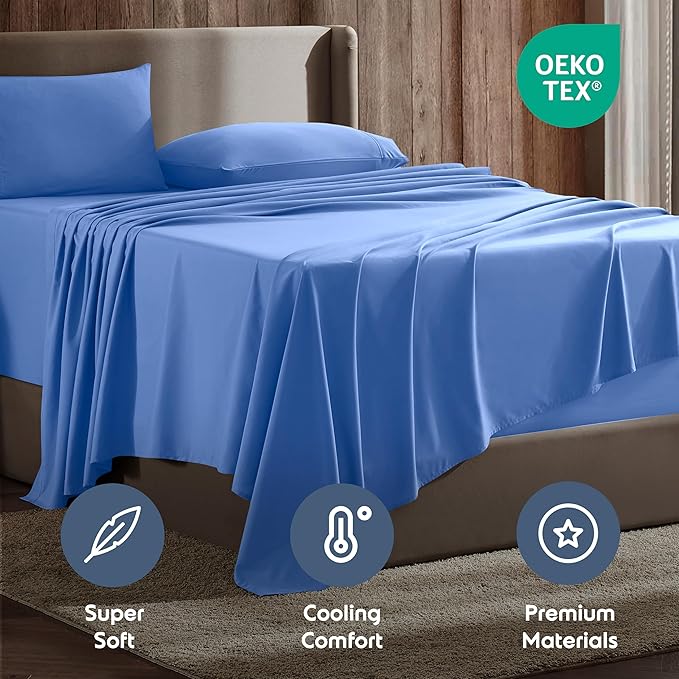 Nestl Short Queen Sheet Set - 1800 Ultra-Soft Microfiber - Double Brushed - Deep Pockets - Easy Fit - 4 Piece Set - Bed Sheets (Short Queen, Calm Blue)