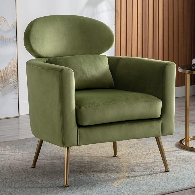 Accent Chair Upholstered Barrel Arm Chair for Living Room Bedroom Reception Room Office, Modern Soft Padded Single Sofa Chair with Golden Legs & Lumbar Pillow, Velvet Green