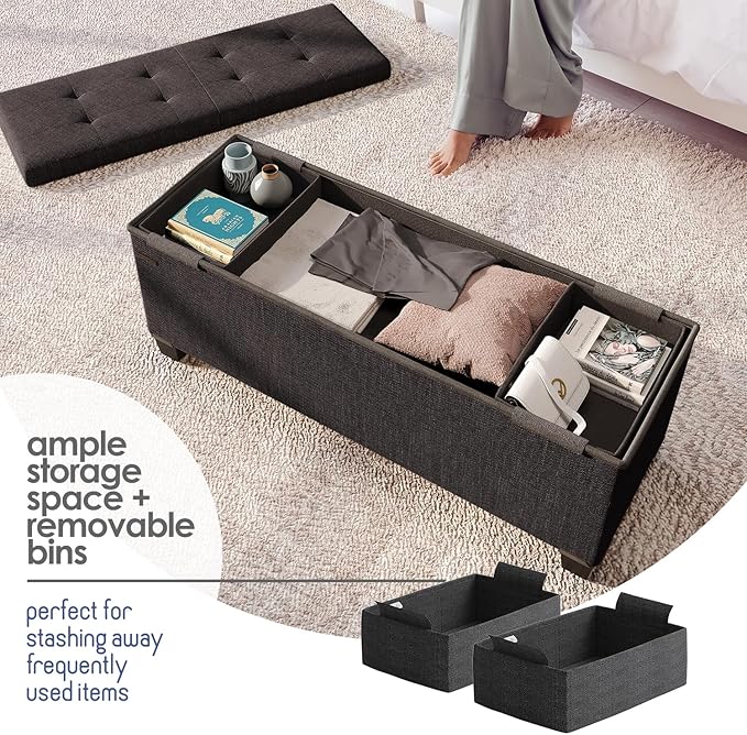 STORAGEBUD Storage Ottoman Bench with Bins, 43-in Storage Bench for Bedroom End of Bed, Folding Foot Rest Ottoman for Living Room Max 660lbs, Fabric Ottomans, Black