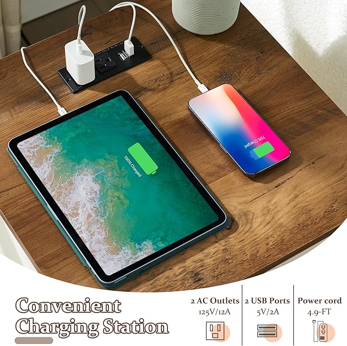 T4TREAM Nightstand with Charging Station, End Table, Side Table with 2 Drawers Storage Cabinet for Bedroom, Living Room, Farmhouse Design, Wood Rustic, Antique White