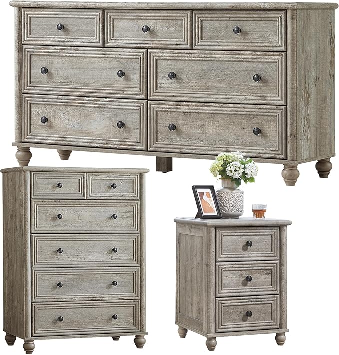 Farmhouse Dressers & Night Stand Set of 3, Wood 54" Wide Dresser & 43.5"Tall Chest of Drawers, 18" Roman Column Nightstand, Bedroom Furniture 7 Drawer Dresser Set for Bedroom Home Living Room Hallway
