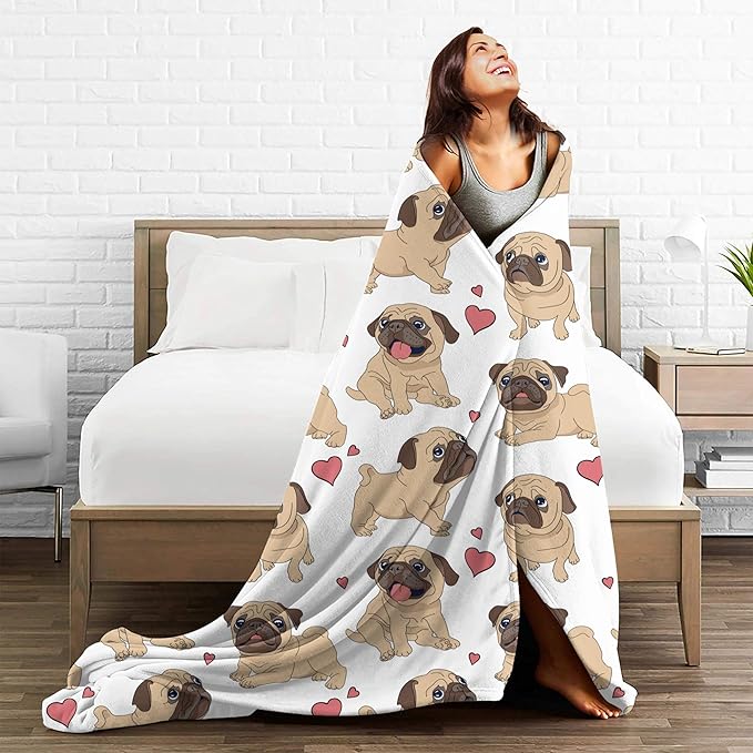 Flannel Fleece Throw Blanket, Fun Cartoon Pug Lightweight Throw Blanket, Travel Blanket Cozy Plush Warm Blankets for Bedroom Living Rooms Sofa Beds Office 60x50 Inch