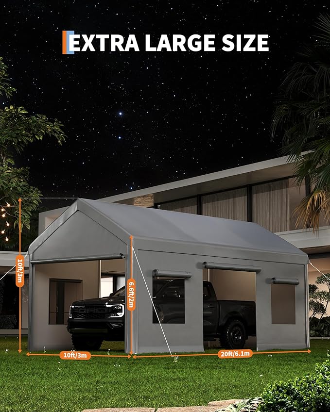 10 x 20 FT Carport Clearance, Heavy Duty Carport Canopy with Roll Up and Down Mesh Window, Outdoor Portable Garage with Removable Sidewalls, All Season Tarp for Car, Boat, Truck, Motorcycle (Gray)