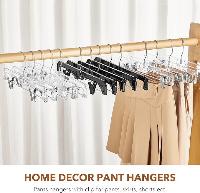 HOUSE DAY Black Pants Hangers with Clips 12 Pack, Plastic Skirt Hangers for Women, 14 Inch Clip Hanger for Pants, Skirts, Jeans, Shorts, Legging, with 360-degree Swivel Hook, 2 Adjustable Clips