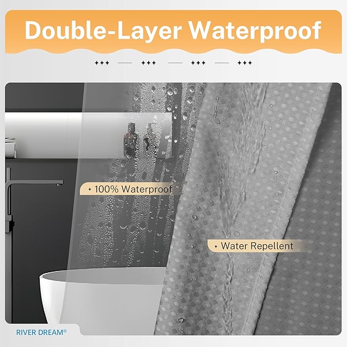 River Dream Grey Shower Curtain with Liner Set, Waffle Fabric Shower Curtain and Waterproof Clear Liner Set with Double Sided Metal Hooks, 72" W*72" H