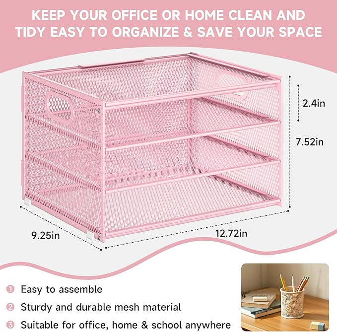 Subekyu Paper Letter Tray Organizer for Desk, Pink Metal Mesh Desk File Sorter Organizer with Handle and 2 Sliding Trays for Home Office School Supplies Organization