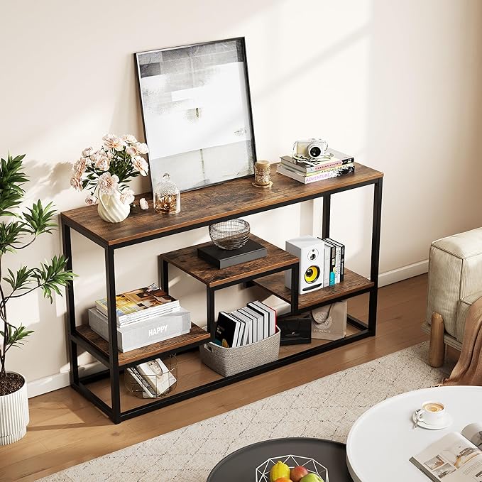 TV Stand for TVs up to 65 Inch, TV Console Table with 3-Tier Open Storage Shelves, Modern Industrial Entertainment Center for Living Room, Bedroom, Rustic Brown