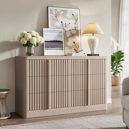 Fluted Dresser for Bedroom, 47" Wide 6 Drawer Dresser, Modern Chest of Drawers with Solid Wood Handle, Curved Profile Design, Wood Dressers Storage Organizer, Living Room, Hallway, Natural Oak